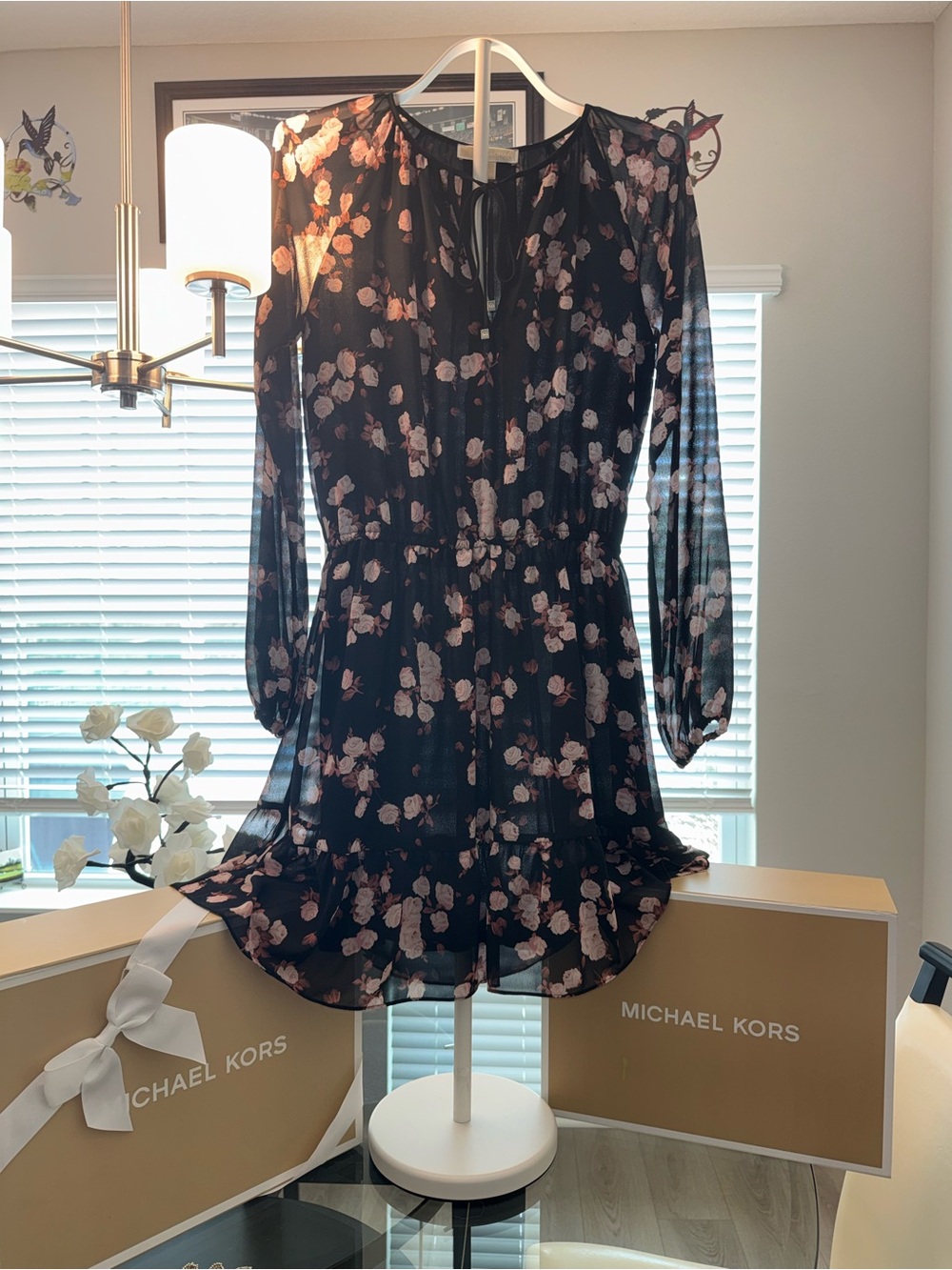 Michael Kors Black Sheer Floral Tie-Front Mini Tunic